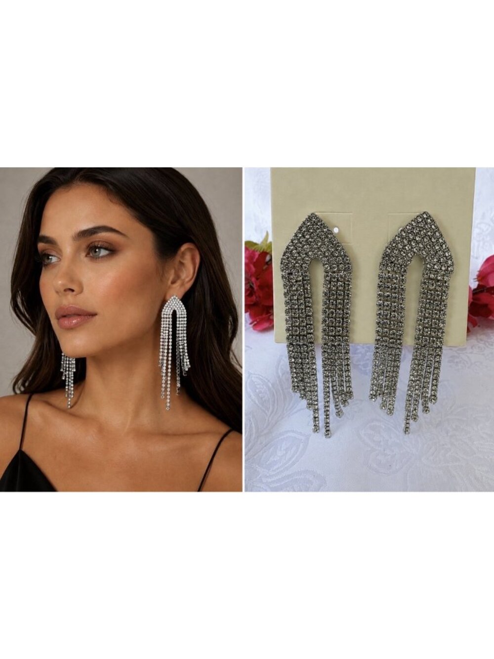 Nordstrom Open Edit Earrings Curved Crystal Fringe SIlver Gold Rhinestone Party